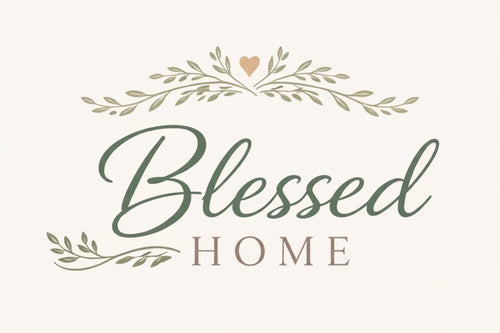 Decorative logo with 'Blessed Home' text and floral elements on a white background