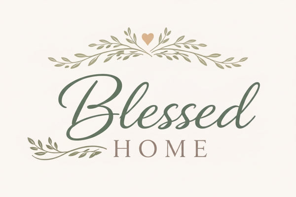 Decorative logo with 'Blessed Home' text and floral elements on a white background